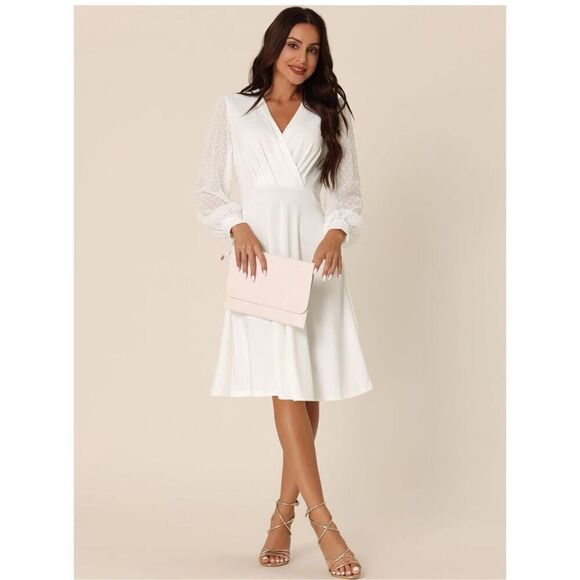 NEW Long Sleeve Swiss Dots Wrap V Neck Knee Length Dress S - Picture 3 of 7